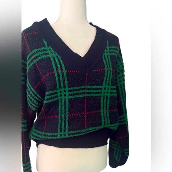 Plaid V-Neck Sweater - Green and Black. Crown and Ivy. - Picture 3 of 4